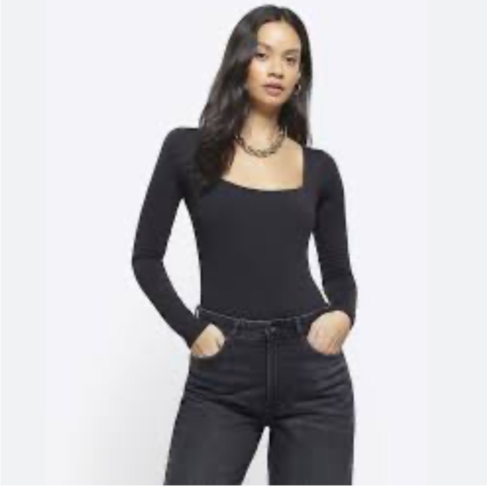 Abercrombie & Fitch Black Ribbed Bodysuit Long Sleeve’s Square Neck Sz S